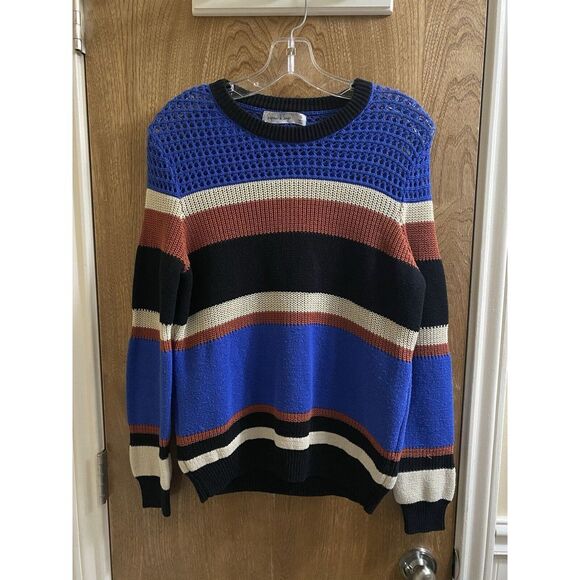 Summer & Sage Cable Knit Stripped Sweater Crochet Top Blue/Taupe/Black Size S - Picture 1 of 12